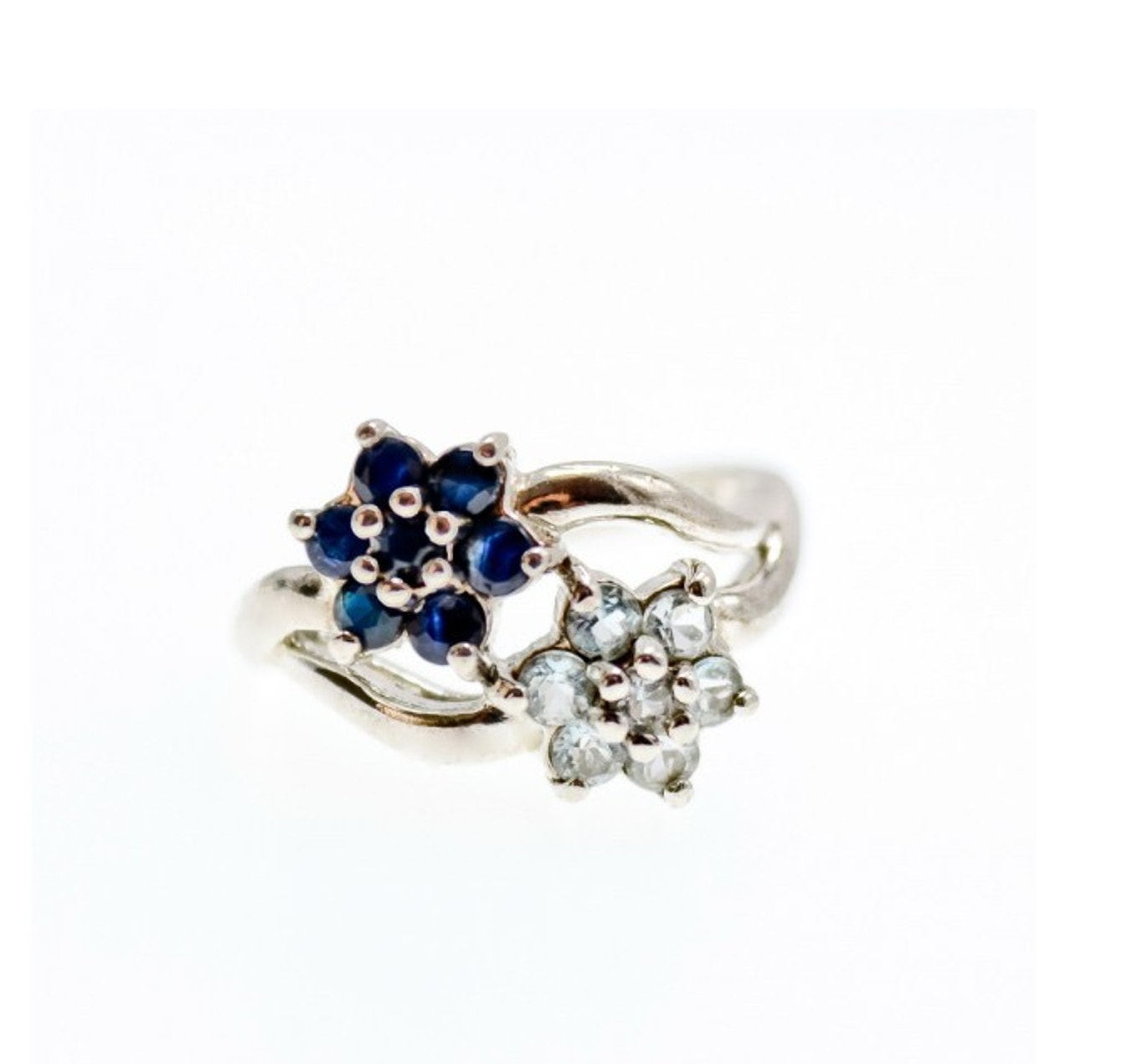 925 Sterling Silver Blue Sapphire & White Topaz "Flowers" Ring Size 7